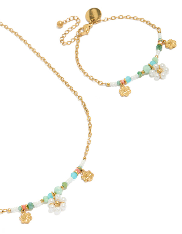 Tweens Gold Plated Stainless Steel Pearl Flower Necklace & Bracelet Set