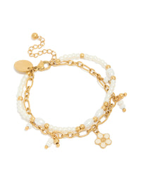 Tweens Gold Plated Stainless Steel Pearl & Flower Charm Layered Bracelet - link has visual effect only