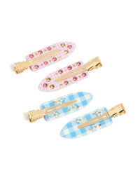 Showcasing tweens pastel checkered creaseless hair clips in a 4-pack featuring pink, sky blue, gold, and white front view - link has visual effect only