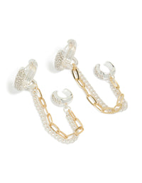 Mixed Metal Plated Diamante Multi Chain & Cuff Huggie Earrings - link has visual effect only