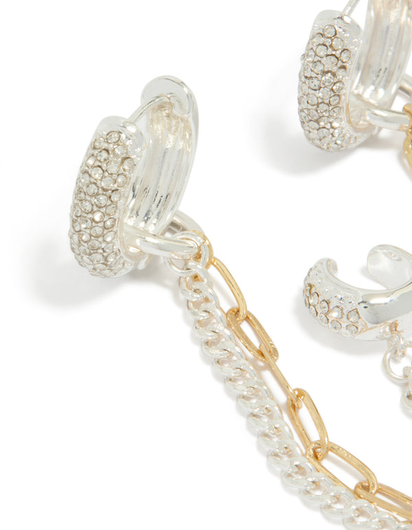 Mixed Metal Plated Diamante Multi Chain & Cuff Huggie Earrings