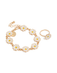 Kids Gold White Enamel Daisy Charms Bracelet & Ring Set - link has visual effect only