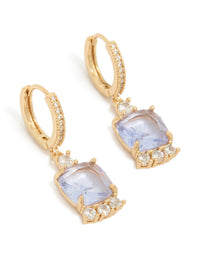 Showcasing gold purple cubic zirconia square huggie earrings with lavender stones front view - link has visual effect only