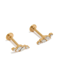 Showcasing dainty vine design flat back stud earrings crafted from gold plated surgical steel featuring marquise cut cubic zirconia stones front view - link has visual effect only