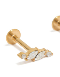 Highlighting dainty leaf vine design flat back stud earrings crafted from gold plated surgical steel featuring marquise cut cubic zirconia stones close up view - link has visual effect only