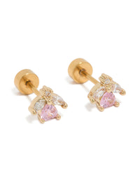 Beautifully crafted kids floral stud earrings featuring pink rose design with cubic zirconia stones, gold plated surgical steel construction, and flat back closure front view - link has visual effect only