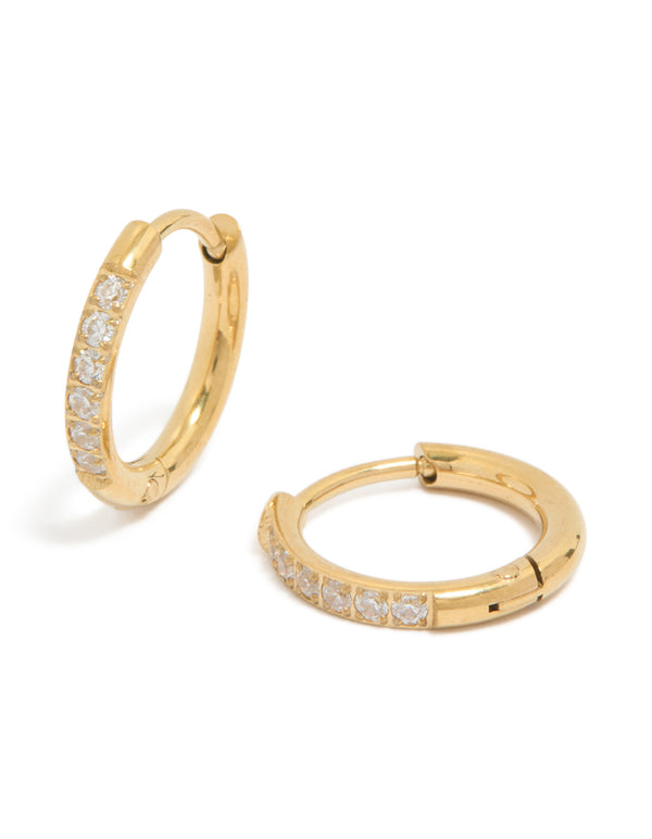 Showcasing gold plated surgical steel cubic zirconia classic sleeper hoop earrings in 10 MM front view
