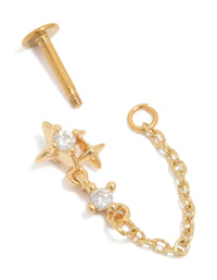 Crafted from gold plated surgical steel with cubic zirconia star chain, dainty celestial flat back stud earrings in statement style post detail view - link has visual effect only