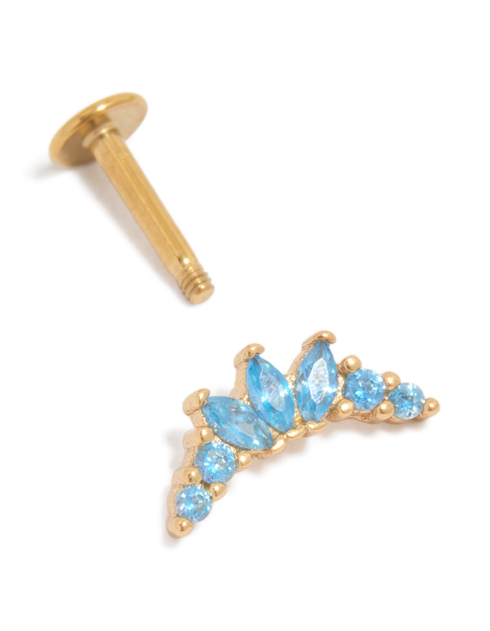 Crafted from gold plated surgical steel with blue cubic zirconia marquise stones, featuring crystal details and flat back closure post detail view