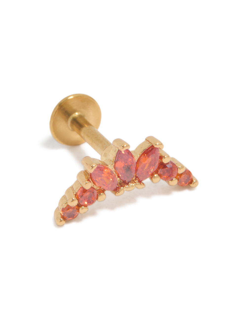 Showcasing a gold plated surgical steel stud featuring marquise cut red cubic zirconia with flat back closure front view