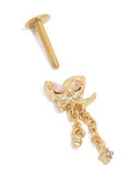 Crafted from surgical steel, this butterfly charm with chain features pink cubic zirconia crystal accents and flat back closure in gold post detail view - link has visual effect only