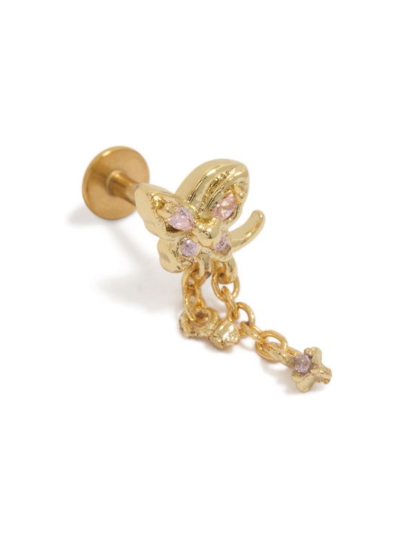 Showcasing a butterfly charm with chain featuring pink cubic zirconia crystal accents, crafted from surgical steel with flat back closure in gold front view