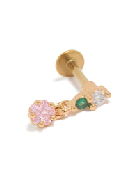 Showcasing surgical steel circle drop stud with cubic zirconia stones in pink, green, and clear, featuring flat back closure and gold plated finish front view - link has visual effect only