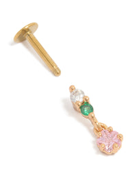 Crafted from surgical steel circle drop stud featuring cubic zirconia stones in pink, green, and clear with gold plated flat back closure post detail view - link has visual effect only