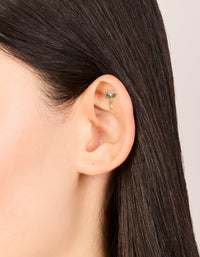 Featuring gold plated surgical steel pink cubic zirconia rose drop single flat back stud with floral design and Marquise stone cut in dainty styling on ear view - link has visual effect only