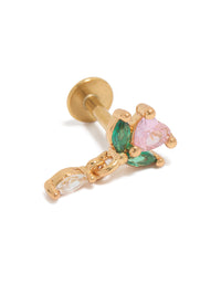 Showcasing a gold plated surgical steel pink cubic zirconia rose drop single flat back stud with floral and dainty styling front view - link has visual effect only
