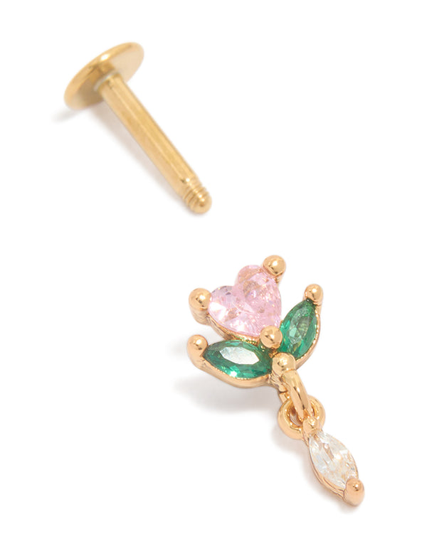 Designed with gold plated surgical steel, pink cubic zirconia rose drop single flat back stud in floral feature with Marquise stone cut and dainty styling front view