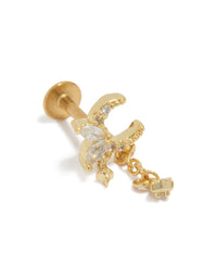 Showcasing celestial charm stud earrings with moon and star design crafted from surgical steel featuring cubic zirconia and flat back closure in gold front view - link has visual effect only