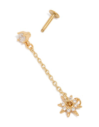 Highlighting celestial star with drop chain crafted from gold plated surgical steel featuring cubic zirconia and flat back stud post detail view - link has visual effect only
