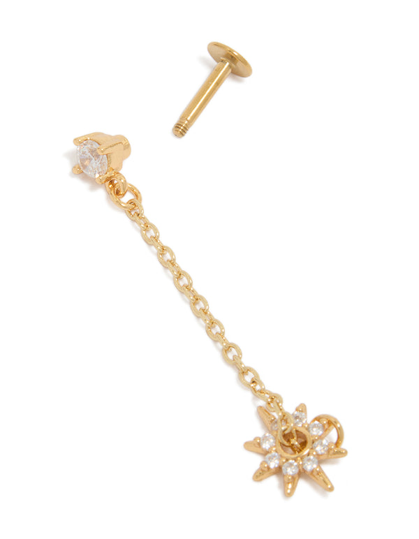 Highlighting celestial star with drop chain crafted from gold plated surgical steel featuring cubic zirconia and flat back stud post detail view