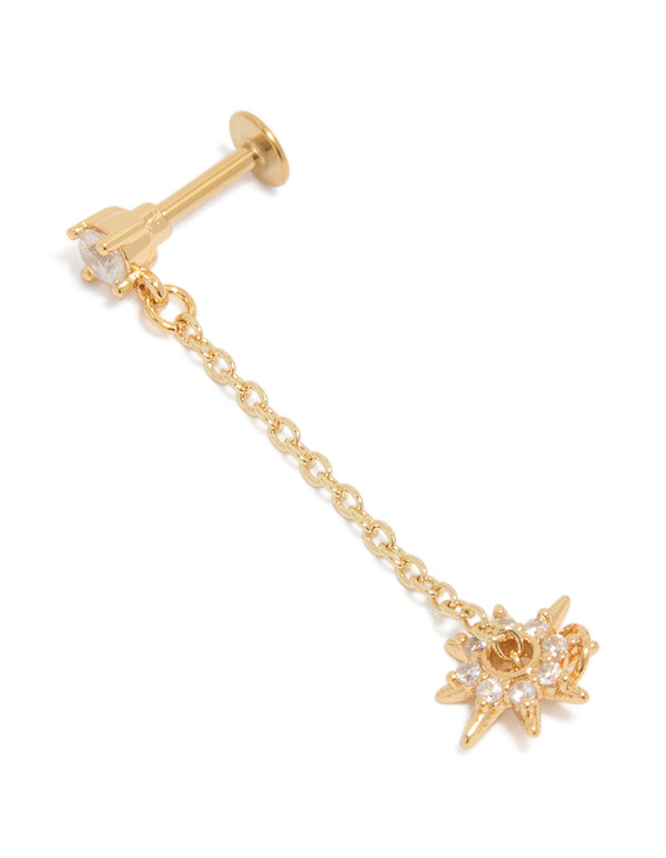 Discover celestial with star drop chain design crafted from surgical steel featuring cubic zirconia stones and flat back closure in gold front view