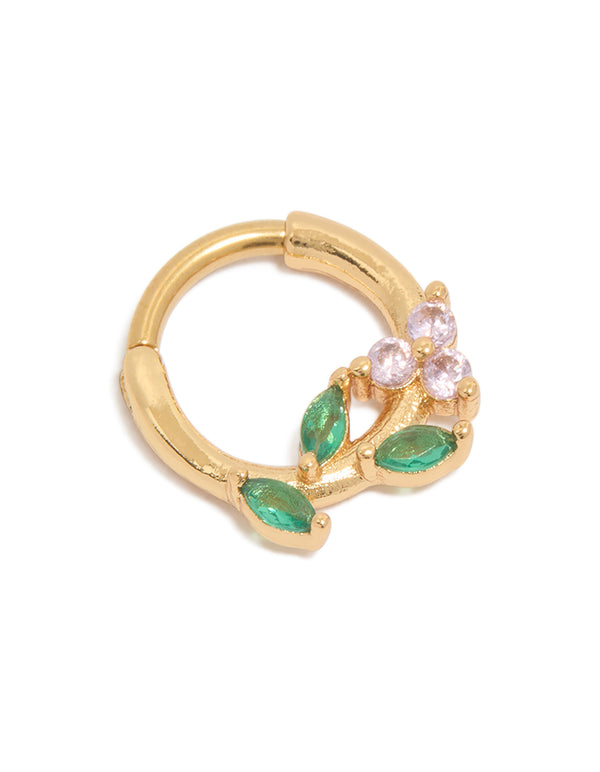 Featuring a gold plated surgical steel cubic zirconia flower and leaves clicker ring detail view