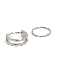 Featuring surgical steel double hinged and plain nose rings pack in silver detail view - link has visual effect only