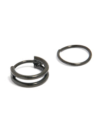 Showcasing black coated surgical steel double hinged and plain nose rings in chunky style detail view - link has visual effect only