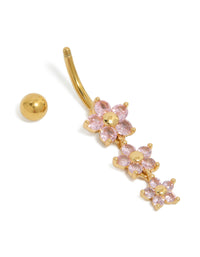 Gold Plated Surgical Steel Cubic Zirconia Pink Triple Flower Belly Bar - link has visual effect only