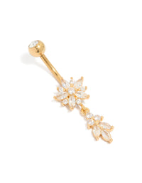 Showcasing a gold plated surgical steel belly bar with cubic zirconia flower and leaf charm front view - link has visual effect only