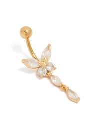 Showcasing a butterfly charm featuring marquise stone cut cubic zirconia in gold plated surgical steel front view - link has visual effect only