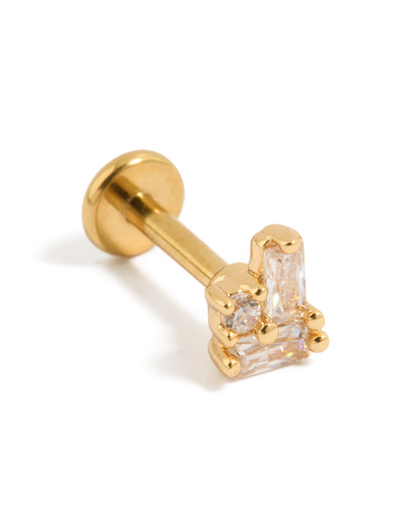 Showcasing a gold plated titanium cubic zirconia rectangle cluster single flat back stud with clear accents front view