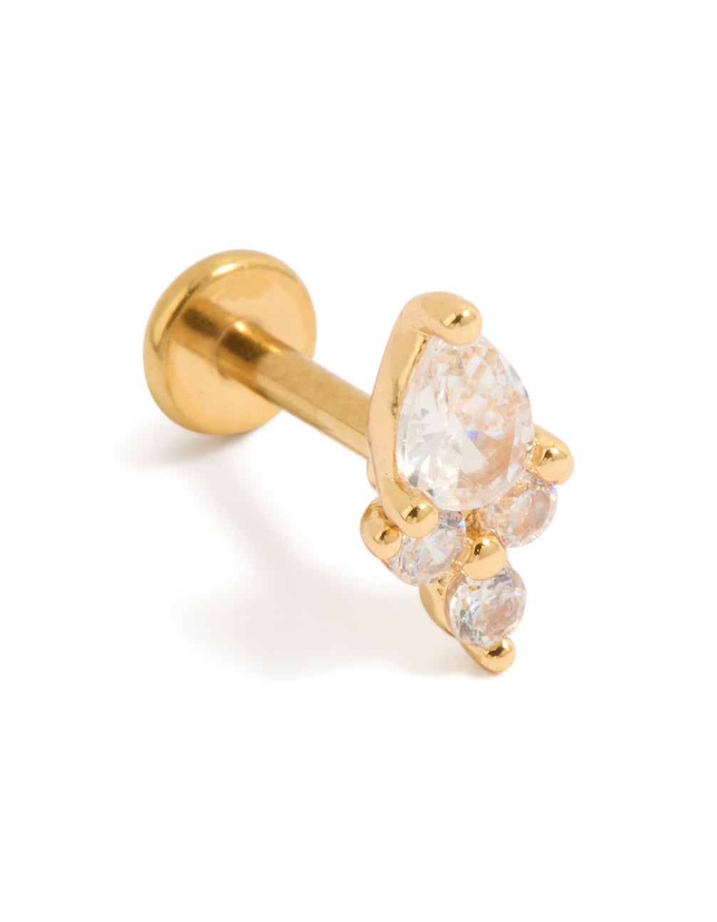 Showcasing a statement pear cut cubic zirconia cluster single flat back stud in gold plated titanium front view