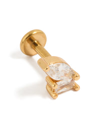 Showcasing a gold plated titanium cubic zirconia marquise and rectangle single flat back stud with clear stones front view - link has visual effect only