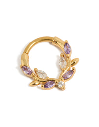 Crafted from gold plated titanium, this purple cubic zirconia vine clicker ring detail view - link has visual effect only