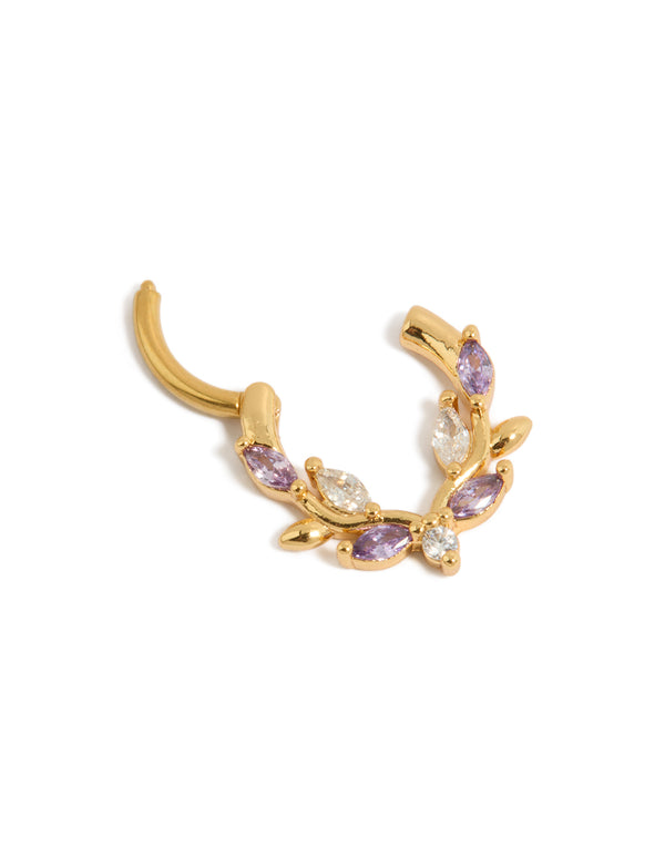 Crafted from gold plated titanium, this purple cubic zirconia vine clicker ring detail view