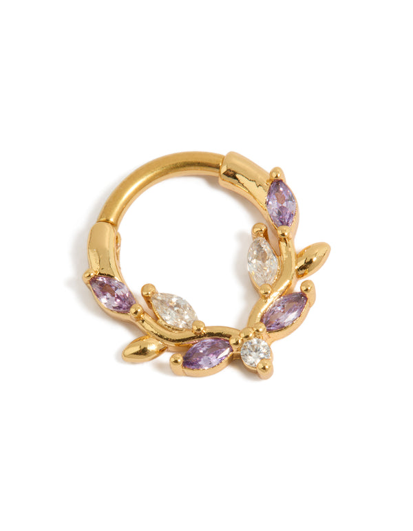 Crafted from gold plated titanium, this purple cubic zirconia vine clicker ring detail view