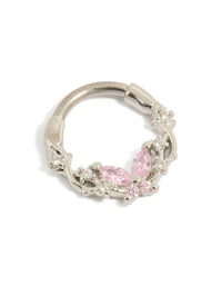 Showcasing a titanium pink cubic zirconia butterfly clicker ring with silver and light pink accents detail view - link has visual effect only