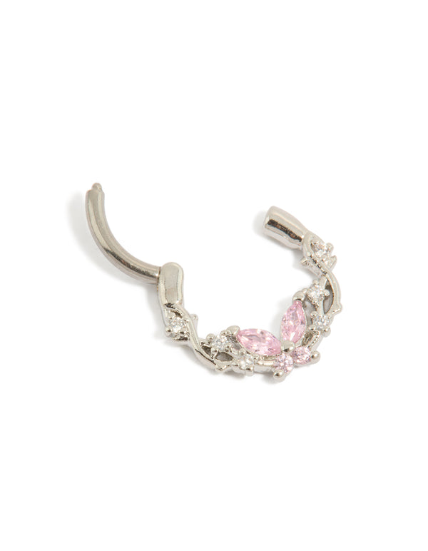 Showcasing a titanium pink cubic zirconia butterfly clicker ring with silver and light pink accents detail view