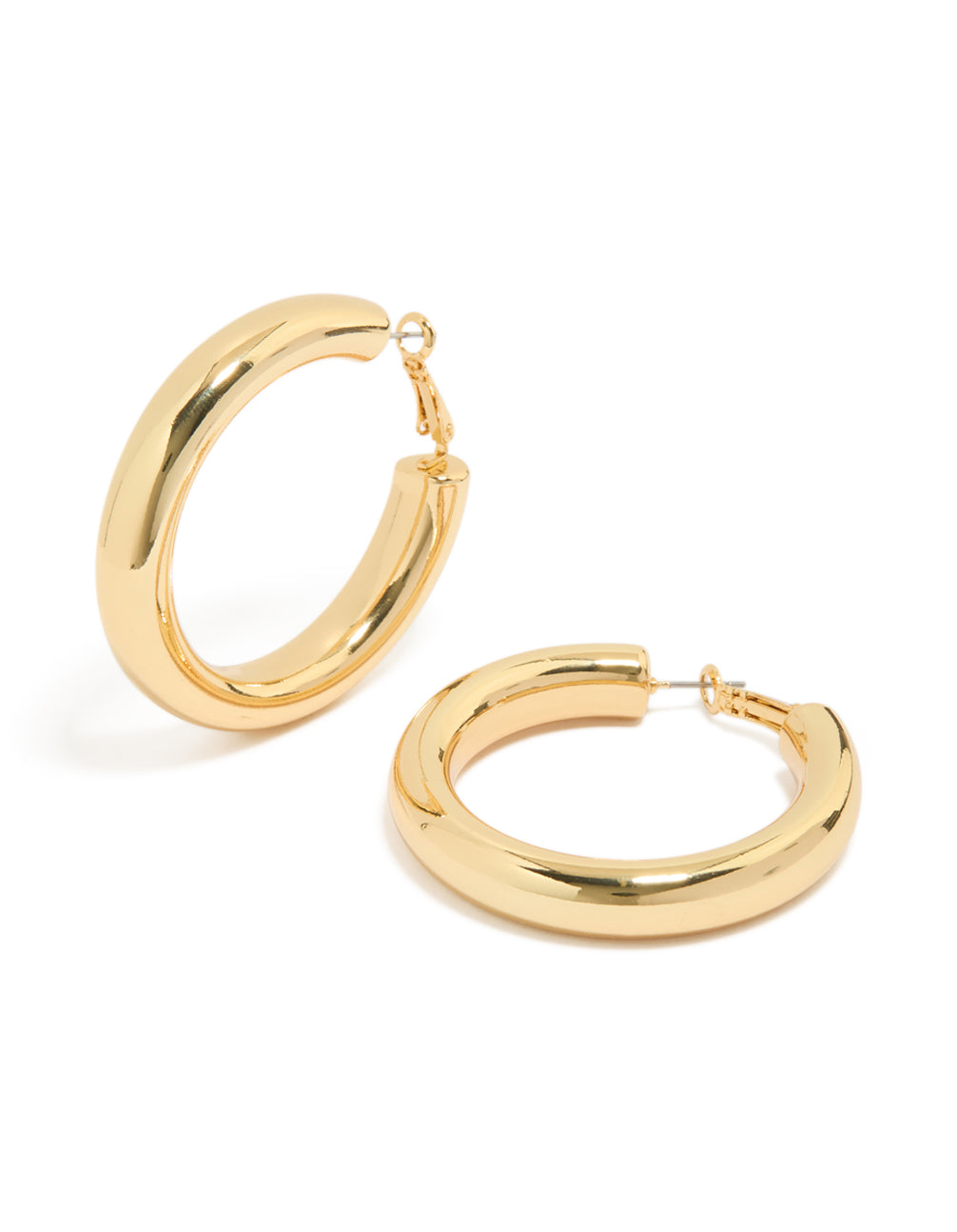 Showcasing statement hoop earrings crafted from gold plated material in front view