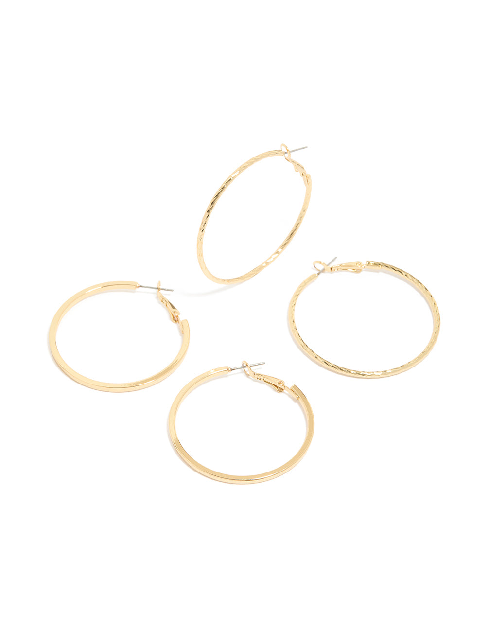 Showcasing gold plated smooth and textured hoop earrings in a 2-pack front view