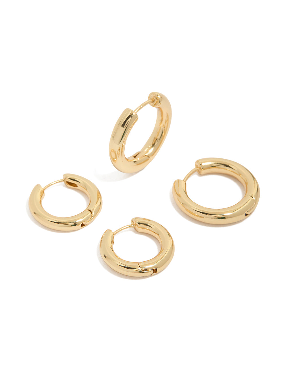 Showcasing gold plated plain thin huggie earrings in a 2-pack with hoop closure front view