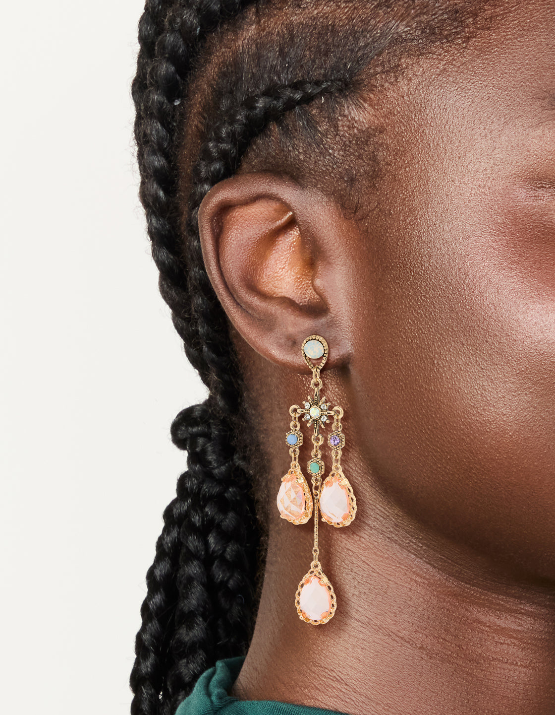 Gold Pink Diamantes Irregular Long Drop Earrings