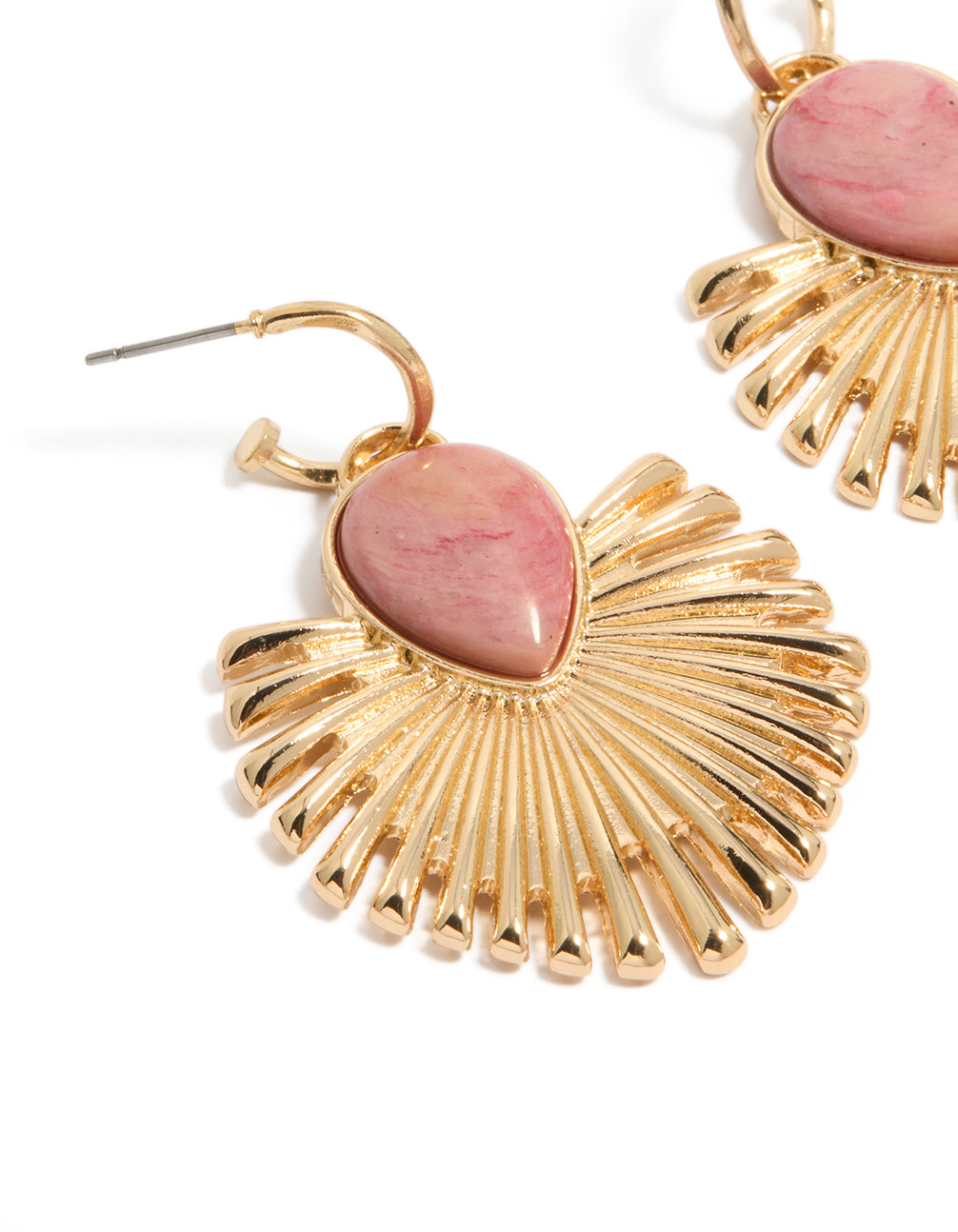 Designed with gold pink stone fanned drop earrings featuring statement style close up view