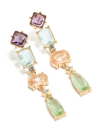 Showcasing gold irregular shaped purple and blue diamantes drop earrings in statement style front view - link has visual effect only