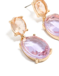 Highlighting statement gold purple and orange diamantes double drop earrings close up view - link has visual effect only