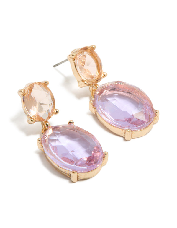 Showcasing statement gold purple and orange diamantes double drop earrings front view
