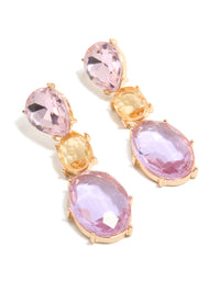 Discover statement drop earrings with purple and orange oval cut diamantes in gold front view - link has visual effect only