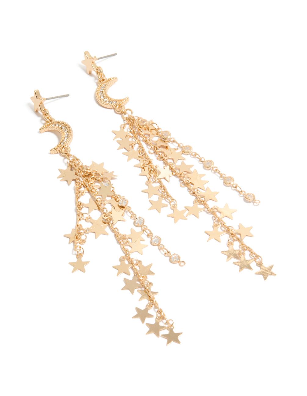 Showcasing celestial charm earrings with star and moon chain drop design in gold front view