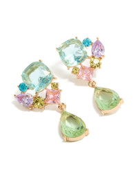 Showcasing statement drop earrings with gold finish featuring multicolored diamante cluster in aquamarine, pale green, and pink tones front view - link has visual effect only